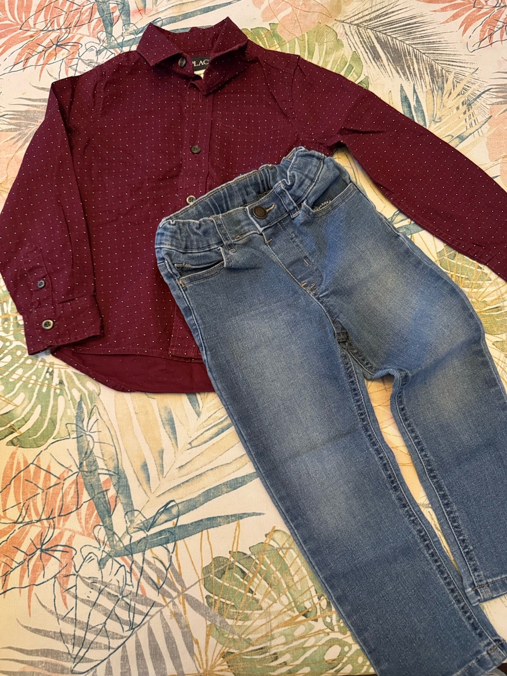 Toddler Boys long sleeve Button down shirt in burgundy color with jeans lot